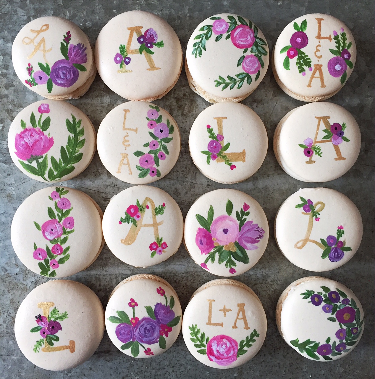 Hand painted engagement macarons